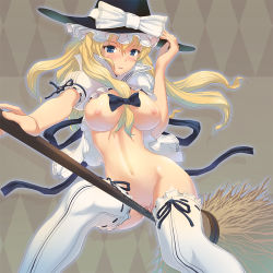 Rule 34 | 1girl, blonde hair, blue eyes, bottomless, bow, breasts, broom, broom riding, crotch rub, female focus, female masturbation, hair bow, hat, homu uni, homura yuni, kirisame marisa, large breasts, long hair, masturbation, navel, nipples, aged up, open clothes, open shirt, pussy juice, pussy juice on broom, pussy juice stain, shirt, solo, thighhighs, touhou, white thighhighs, witch hat