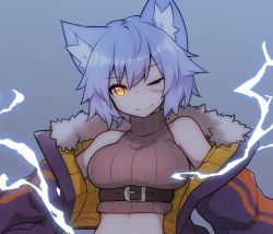 Rule 34 | 1girl, animal ear fluff, animal ears, bare shoulders, blue hair, breasts, cat ears, commentary, commentary request, electricity, facial scar, fur trim, glowing, glowing eye, highres, jacket, large breasts, midriff, off shoulder, one eye closed, orange eyes, original, ribbed sweater, ryota tentei, scar, scar on cheek, scar on face, short hair, solo, sweater, sweater, tora tentei, turtleneck, upper body