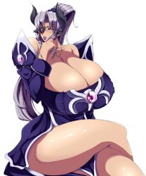 Rule 34 | 1girl, animal ears, bare shoulders, blush, breasts, cleavage, collarbone, cow ears, cow girl, crossed legs, curvy, dress, earrings, eyepatch, female focus, gigantic breasts, high ponytail, highres, horns, jewelry, light purple hair, lips, long hair, looking at viewer, lyudmila korovanova xiii, matsumoto katsuya, necklace, no bra, original, parted lips, pelvic curtain, ponytail, purple dress, purple hair, queen, shiny skin, sidelocks, simple background, sitting, solo, strapless, strapless dress, thick thighs, thighs, white background