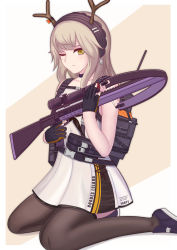 Rule 34 | 1girl, alternate hairstyle, antlers, arknights, backpack, bag, bare arms, bare shoulders, beige background, black choker, black gloves, black hairband, black thighhighs, bow, bow (weapon), choker, commentary request, crossbow, dress, firewatch (arknights), firewatch (wilted cypress) (arknights), gloves, grey hair, hair down, hairband, holding, holding bow (ornament), horns, lieyan huangzi, long hair, looking at viewer, official alternate costume, purple footwear, shoes, short dress, sitting, solo, thighhighs, two-tone background, wariza, weapon, white background, white dress, yellow eyes