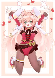 Rule 34 | 1girl, adapted costume, alternate costume, animal ear hairband, animal ears, antlers, arms up, black pantyhose, blush, detached sleeves, fake animal ears, fur-trimmed leotard, fur-trimmed sleeves, fur trim, genshin impact, green eyes, hair between eyes, hairband, heart, highres, horns, leotard, long hair, looking at viewer, nocknocktt, open mouth, pantyhose, pink background, pink hair, pom pom (clothes), puff of air, rabbit ears, red footwear, red leotard, red sleeves, smile, solo, thigh strap, two-tone background, white background, yanfei (genshin impact)