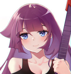 Rule 34 | 1girl, absurdres, black shirt, blue eyes, blush, breasts, cleavage, closed mouth, clothing cutout, collarbone, highres, holding, holding instrument, instrument, kirishima romin, long hair, looking at viewer, portrait, purple hair, shirt, shoulder cutout, shuumatsu no uchuu, simple background, small breasts, smile, solo, straight hair, white background, yu-gi-oh!, yu-gi-oh! sevens