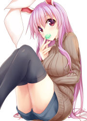 Rule 34 | 1girl, animal ears, ass, bad id, bad pixiv id, black thighhighs, blush, breasts, brown sweater, commentary request, dress, feet out of frame, hair between eyes, head tilt, hisae (hisae collect), knees up, large breasts, long hair, long sleeves, looking at viewer, nail polish, pink nails, purple hair, rabbit ears, red eyes, reisen udongein inaba, ribbed sweater, short shorts, shorts, sidelocks, simple background, sitting, solo, sweater, sweater dress, thighhighs, thighs, touhou, turtleneck, turtleneck sweater, very long hair, white background