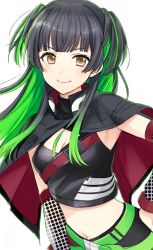 Rule 34 | 1girl, arm warmers, belt, black hair, blunt bangs, blush, breasts, brown eyes, capelet, cleavage, cleavage cutout, closed mouth, clothing cutout, collar, cowboy shot, green hair, hand on own hip, idolmaster, idolmaster shiny colors, long hair, long sleeves, looking at viewer, mayuzumi fuyuko, medium breasts, midriff, multicolored hair, navel, polka dot, simple background, smile, solo, tobade (tbdfactory), two-tone hair, two side up, white background
