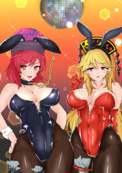 Rule 34 | 2girls, :3, alternate costume, animal ears, bare shoulders, black choker, black legwear, blonde hair, blush, breasts, buttons, chain, choker, cleavage, collarbone, commentary request, covered navel, disco ball, elbow gloves, eyelashes, fake animal ears, feet out of frame, gloves, gold chain, gradient background, twirling hair, hands on own hips, hecatia lapislazuli, highres, himemaru6, junko (touhou), large breasts, leotard, lips, long hair, looking at viewer, medium hair, multiple girls, open mouth, pantyhose, parted lips, phoenix crown, playboy bunny, pom pom (clothes), rabbit ears, red eyes, red gloves, red hair, sidelocks, skin tight, sparkle, standing, tassel, tongue, touhou, wrist cuffs