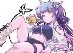 Rule 34 | 1girl, black skirt, black tube top, blunt bangs, boots, breasts, bubble tea, closed mouth, clothing cutout, commentary request, crop top, cup, demon girl, demon horns, demon tail, expressionless, fishnet footwear, fishnets, foot out of frame, holding, holding cup, horns, jacket, kojo anna, kojo anna (2nd costume), kuzuhana, lace trim, long hair, long sleeves, looking at viewer, medium breasts, midriff, nanashi inc., o3o, official alternate costume, pointy ears, purple hair, shoulder cutout, shrug (clothing), simple background, skirt, solo, strapless, tail, thigh strap, transparent background, tube top, virtual youtuber, white footwear, white jacket, yellow eyes