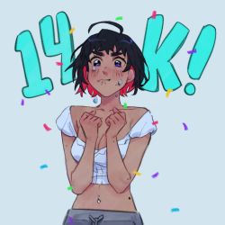 Rule 34 | 1girl, ahoge, artist self-insert, black hair, blue eyes, blush, breasts, cleavage, colored inner hair, confetti, crop top, grey pants, hands up, highres, looking at viewer, margaret h, medium breasts, milestone celebration, mole, mole on arm, mole on stomach, multicolored hair, navel piercing, off-shoulder shirt, off shoulder, original, pants, piercing, red hair, shirt, solo, tears, two-tone hair, upper body, white shirt