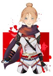 Rule 34 | 1girl, animification, apex legends, black scarf, blonde hair, blood, blood splatter, blue eyes, blush, breasts, chromatic aberration, highres, holding, holding knife, itsaboutspoons, knife, medium breasts, nose piercing, open hand, parted bangs, parted lips, piercing, scarf, smile, smirk, solo, sun bleached wraith, wraith&#039;s kunai, wraith (apex legends)