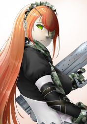 Rule 34 | 1girl, breasts, closed mouth, cz2128 delta, eta37, eyepatch, gloves, green eyes, gun, hair ornament, holding, holding weapon, large breasts, long hair, looking at viewer, looking back, maid, maid headdress, orange hair, overlord (maruyama), scarf, solo, weapon