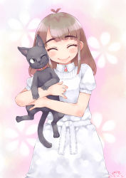 Rule 34 | 1girl, ;3, ^ ^, animal, antenna hair, black cat, black eyes, blush, brooch, brown hair, cat, cheek-to-cheek, closed eyes, closed mouth, collar, collared dress, dated, dress, closed eyes, floral background, happa (cloverppd), happy, head tilt, heads together, highres, holding, holding animal, holding cat, jewelry, long hair, no nose, one eye closed, original, puffy short sleeves, puffy sleeves, short sleeves, smile, white dress, wing collar