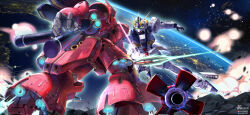 Rule 34 | absurdres, artist name, battle, beam saber, char&#039;s counterattack, chinese commentary, commentary, duel, earth (planet), english commentary, explosion, funnels (gundam), green eyes, gundam, highres, holding, holding sword, holding weapon, in orbit, insignia, mecha, mixed-language commentary, mobile suit, no humans, noisi, nu gundam, one-eyed, outstretched arm, planet, robot, sazabi, science fiction, space, star (sky), sword, thrusters, twitter username, v-fin, weapon, weibo watermark, zero gravity