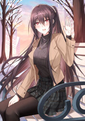 Rule 34 | 1girl, :d, bare tree, between legs, blush, brown hair, brown jacket, brown pantyhose, brown sweater, cloud, cloudy sky, commentary request, commission, feet out of frame, grey skirt, hair between eyes, hand between legs, hand up, highres, jacket, kinona, long hair, long sleeves, looking at viewer, on bench, one side up, open clothes, open jacket, open mouth, original, outdoors, pantyhose, plaid, plaid skirt, pleated skirt, red eyes, ribbed sweater, sitting, skeb commission, skirt, sky, smile, snow, solo, sunset, sweater, tree, turtleneck, turtleneck sweater, very long hair