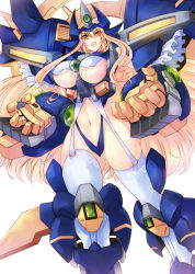 Rule 34 | 1girl, areola slip, blonde hair, breasts, garter straps, haganef, headgear, highleg, huge breasts, lace, lace-trimmed legwear, lace trim, long hair, looking at viewer, mecha musume, midriff, navel, neo granzon, open mouth, simple background, skindentation, solo, super robot wars, super robot wars original generation, super robot wars the lord of elemental, thighhighs, underboob, very long hair, white background, white thighhighs, yellow eyes