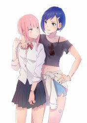 Rule 34 | 10s, absurdres, arm around neck, bad id, bad pixiv id, black bra, black nails, black shirt, black skirt, blue eyes, blue hair, blue shorts, bow, bowtie, bra, bracelet, clothes around waist, collarbone, darling in the franxx, dress shirt, eye contact, eyewear hang, unworn eyewear, green eyes, hair ornament, hairclip, hand on own hip, highres, ichigo (darling in the franxx), jewelry, long hair, looking at another, midriff, miniskirt, nail polish, navel, parted bangs, personality switch, pink hair, pleated skirt, red bow, see-through silhouette, shiny skin, shirt, short hair, short shorts, short sleeves, shorts, skirt, stomach, sunglasses, sweater, sweater around waist, torn clothes, torn shirt, torn shorts, umumu, underwear, white shirt, zero two (darling in the franxx)