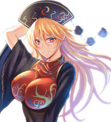 Rule 34 | 1girl, arm behind head, arm up, black dress, blonde hair, breasts, commentary request, dress, ear piercing, hair between eyes, headdress, highres, junko (touhou), koissa, large breasts, long hair, long sleeves, looking at viewer, one-hour drawing challenge, piercing, pom pom (clothes), red eyes, simple background, sketch, smile, solo, tabard, tassel, touhou, upper body, white background, wide sleeves