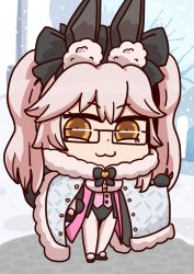 Rule 34 | 1girl, :3, animal ear fluff, animal ears, black bow, black gloves, bow, breasts, cape, closed mouth, fake animal ears, fate/grand order, fate (series), fox girl, fox tail, glasses, gloves, hair bow, holding, holding cape, holding clothes, koyanskaya (assassin) (second ascension) (fate), koyanskaya (fate), l.n, leotard, long hair, looking at viewer, pink hair, playboy bunny, rabbit ears, riyo (lyomsnpmp) (style), solo, tail, tamamo (fate), thighhighs, twintails, yellow eyes