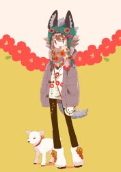 Rule 34 | 1girl, absurdres, animal bag, animal hat, bad id, bad pixiv id, bag, black pants, brown coat, brown hair, coat, fake tail, fang, floral background, floral print, full body, grey eyes, hands in pockets, hat, highres, hoof shoes, jewelry, looking down, necklace, open mouth, original, pants, sheep, short hair, shoulder bag, sorata123, standing, tail, wolf hat, wolf tail