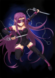 Rule 34 | 1girl, black footwear, black thighhighs, blindfold, boots, breasts, chain, collar, dagger, elbow gloves, facial mark, fate/stay night, fate (series), forehead mark, gloves, highres, knife, long hair, medium breasts, medusa (fate), medusa (rider) (fate), nameless dagger (fate), purple hair, solo, tauke, thigh boots, thighhighs, very long hair, weapon, zettai ryouiki