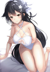 Rule 34 | 1girl, absurdres, alternate costume, arm across waist, arm support, azur lane, bare arms, bare legs, black hair, blush, bow, breasts, brown eyes, casual one-piece swimsuit, cleavage, closed mouth, collarbone, groin, hair between eyes, hair bow, hand on own arm, highres, large breasts, long hair, looking at viewer, noboriya, one-piece swimsuit, ponytail, sidelocks, sitting, solo, swimsuit, takao (azur lane), takao (beach rhapsody) (azur lane), thighs, very long hair, white bow, white one-piece swimsuit