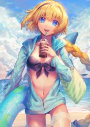 Rule 34 | 1girl, :d, beach, bikini, bikini top only, black bikini, black bow, black hairband, blonde hair, blue eyes, blue jacket, bow, braid, braided ponytail, breasts, cleavage, cloud, collarbone, cowboy shot, day, drinking straw, fate/grand order, fate (series), front-tie bikini top, front-tie top, hair between eyes, hairband, highres, holding, hood, hood down, hooded jacket, innertube, jacket, jeanne d&#039;arc (fate), jeanne d&#039;arc (ruler) (fate), jeanne d&#039;arc (swimsuit archer) (fate), jeanne d&#039;arc (swimsuit archer) (first ascension) (fate), kozou kazaru, long hair, long sleeves, looking at viewer, medium breasts, navel, ocean, open clothes, open jacket, open mouth, outdoors, partially unzipped, ponytail, print bikini, print bikini top, single braid, smile, solo, standing, stomach, swim ring, swimsuit, thigh strap, very long hair
