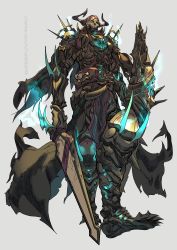 Rule 34 | 1boy, absurdres, armor, blue fire, boots, fate/grand order, fate (series), fire, glowing, highres, horns, hu tu, king hassan (fate), male focus, shield, skull on head, sword, twitter username, weapon