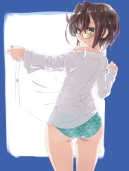 Rule 34 | 1girl, ass, backlighting, blush, brown hair, contrapposto, cowboy shot, day, dd (ijigendd), dress shirt, from behind, glasses, green-framed eyewear, green eyes, green panties, highres, kantai collection, looking at viewer, looking back, morning, no pants, off shoulder, okinami (kancolle), open clothes, open shirt, panties, shirt, sketch, solo, standing, thigh gap, thighs, triangle print, unbuttoned, unbuttoned shirt, underwear, white shirt