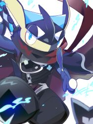 Rule 34 | 1boy, animal hands, arm up, black pants, black shirt, blue cape, blue eyes, blue skin, blurry, blurry foreground, cape, closed mouth, clothed pokemon, colored skin, creatures (company), fins, frog boy, furry, furry male, game freak, gen 6 pokemon, greninja, half-closed eyes, hand up, head fins, highres, index finger raised, katana, kiki (431642), looking at viewer, male focus, multicolored skin, muneate, ninja, nintendo, pants, pokemon, pokemon (creature), puffy pants, red scarf, scarf, sheath, sheathed, shirt, shuriken, simple background, sleeveless, sleeveless shirt, solo, standing, sword, tail, throwing, two-sided cape, two-sided fabric, two-tone skin, water, weapon, weapon on back, webbed hands, white background, yellow skin