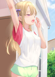 Rule 34 | 1girl, absurdres, arm up, armpits, bare arms, blonde hair, bow, breasts, commentary, cowboy shot, day, from side, goldowl, green shorts, hair bow, half-closed eye, hand to own mouth, highres, long hair, louisa (goldowl), one eye closed, open mouth, original, outdoors, pink eyes, purple bow, shirt, short shorts, short sleeves, shorts, squeans, small breasts, solo, straight hair, t-shirt, tears, teeth, upper teeth only, white shirt, yawning