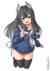 Rule 34 | 1girl, black hair, black thighhighs, blush, brown footwear, collarbone, ebifurya, full body, green eyes, grey neckerchief, hair ribbon, headgear, highres, i-47 (kancolle), kantai collection, loafers, long hair, long sleeves, looking at viewer, low-tied long hair, neckerchief, open mouth, ribbon, shoes, sidelocks, simple background, smile, solo, thighhighs, tress ribbon, twitter username, white background, white ribbon