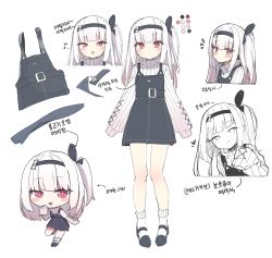 Rule 34 | 1girl, :d, absurdres, black dress, black footwear, black hairband, blush, chibi, closed mouth, color guide, commentary request, cropped torso, darnell, dress, eighth note, hairband, highres, korean commentary, korean text, long hair, long sleeves, looking at viewer, multiple views, musical note, notice lines, one side up, open mouth, original, parted lips, puffy long sleeves, puffy sleeves, red eyes, ribbed sweater, shoes, simple background, sleeveless, sleeveless dress, sleeves past fingers, sleeves past wrists, smile, socks, standing, standing on one leg, sweater, translation request, turtleneck, turtleneck sweater, upper body, white background, white hair, white legwear, white sweater