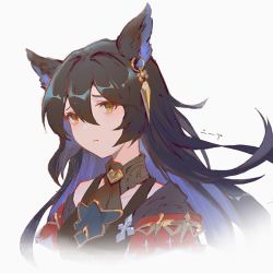 Rule 34 | 1girl, animal ears, ascot, black ascot, black hair, breasts, capelet, character name, choker, closed mouth, earrings, frown, granblue fantasy, hair between eyes, jewelry, long hair, looking at viewer, medium breasts, nier (granblue fantasy), raised eyebrows, single earring, solo, tank top, translated, upper body, vienri, yellow eyes