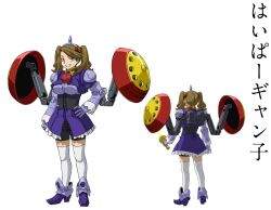 Rule 34 | 10s, 1girl, adapted costume, alternate legwear, armor, ass, bodysuit, breasts, brown eyes, brown hair, character sheet, faulds, frills, from behind, full body, grin, gun, gundam, gundam build fighters, gundam build fighters try, hair ornament, hairclip, hand on own hip, holding, holding sword, holding weapon, hyper gyanko, jetpack, large breasts, leg up, long hair, looking at viewer, mecha musume, multiple views, neckerchief, official alternate costume, sazaki kaoruko, shiny clothes, skin tight, skirt, smile, solo, standing, swept bangs, sword, teeth, thighhighs, translation request, twintails, weapon, white background, white thighhighs, yellow eyes