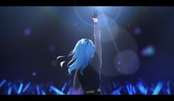 Rule 34 | 1girl, arm up, black gloves, black shirt, blue hair, commentary, diootaro, english commentary, facing away, from behind, gloves, glowstick, hair ribbon, half gloves, highres, hololive, hoshimachi suisei, hoshimachi suisei (shout in crisis), lens flare, letterboxed, long hair, long sleeves, official alternate costume, penlight (glowstick), ribbon, shirt, single glove, single half glove, solo, stage, upper body, virtual youtuber