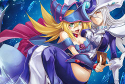 Rule 34 | 2girls, :d, a-er (akkij0358), bare shoulders, blonde hair, blue dress, blush stickers, breasts, card, cleavage, dark magician girl, dress, duel monster, covered erect nipples, floating, green eyes, habit, hair between eyes, helmet, holding, holding card, large breasts, long hair, looking at viewer, multiple girls, open mouth, open pants, pants, red eyes, silent magician, silver hair, smile, yu-gi-oh!