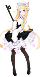Rule 34 | 1girl, abigail williams (fate), animal ears, blonde hair, breasts, cat ears, cat tail, commentary request, dress, fate/grand order, fate (series), frills, heart, highres, holding, holding key, kemonomimi mode, key, long hair, looking at viewer, official alternate costume, open mouth, pantyhose, parted bangs, revision, simple background, sleeves past fingers, sleeves past wrists, small breasts, solo, tail, wangyq, white background, white dress