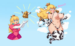 Rule 34 | 1girl, absurdres, animal ears, animal print, bell, bikini, blonde hair, blue eyes, blush, breasts, covered erect nipples, cow ears, cow horns, cow print, cow tail, cowbell, dress, earrings, elbow gloves, eyelashes, gloves, high heels, highres, horns, jewelry, lactation, lactation through clothes, large breasts, lips, lipstick, long hair, makeup, mario (series), navel, nintendo, o3o, pearl earrings, pink dress, princess peach, puffy short sleeves, puffy sleeves, riz, short sleeves, side-tie bikini bottom, stomach, swimsuit, tail, thick lips, thighhighs, thong bikini, transformation