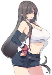 Rule 34 | 10mo, 1girl, absurdres, armpits, bare shoulders, black hair, breasts, cleavage, crop top, detached sleeves, elbow gloves, final fantasy, final fantasy vii, gloves, hand on own hip, highres, large breasts, long hair, looking at viewer, low-tied long hair, midriff, navel, open mouth, red eyes, red gloves, revision, sideboob, simple background, skeptical, skirt, solo, stomach, suspender skirt, suspenders, tank top, thighs, tifa lockhart, white background, white tank top