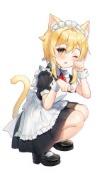 Rule 34 | 1girl, ;o, alternate costume, animal ears, apron, black footwear, blonde hair, bow, bowtie, cat ears, cat girl, cat tail, commentary request, enmaided, fang, genshin impact, hair between eyes, highres, hue oo, kemonomimi mode, looking at viewer, lumine (genshin impact), maid, maid apron, maid headdress, mary janes, one eye closed, paw pose, shoes, short hair, short hair with long locks, short sleeves, sidelocks, simple background, socks, solo, squatting, tail, white background, white socks, wrist cuffs, yellow eyes