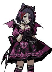 Rule 34 | 1girl, animal ears, bat wings, betti (xx betti), black nails, blush, bow, cat ears, dress, eyepatch, fang, frilled hairband, frills, gothic lolita, hair between eyes, hairband, hayasaka mirei, heart, highres, idolmaster, idolmaster cinderella girls, lolita fashion, looking at viewer, multicolored hair, open mouth, puffy short sleeves, puffy sleeves, purple hair, red hair, short hair, short sleeves, simple background, solo, streaked hair, thighhighs, torn clothes, white background, wings, wrist cuffs