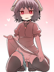 Rule 34 | 1girl, animal ears, bad id, bad pixiv id, black hair, black thighhighs, carrot, carrot necklace, cleft of venus, clothes lift, dress, dress lift, fat mons, gradient background, hakika, heart, inaba tewi, jewelry, kneeling, looking at viewer, neckerchief, necklace, no shoes, panties, panties around leg, pink background, pink dress, puffy sleeves, pussy, pussy juice, pussy juice trail, rabbit ears, red eyes, shaded face, short sleeves, smirk, solo, sweat, thighhighs, touhou, uncensored, underwear