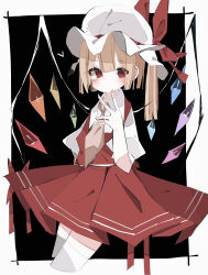 Rule 34 | 1girl, ascot, blonde hair, closed mouth, cowboy shot, crystal, crystal wings, dress, fingerless gloves, flandre scarlet, gloves, hat, heart, highres, looking at viewer, medium hair, mob cap, nacht musik, red dress, red eyes, side ponytail, solo, thighhighs, touhou, white gloves, white thighhighs, wings