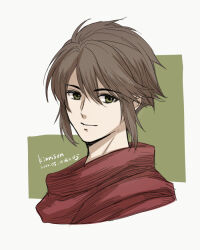 Rule 34 | 1boy, brown eyes, brown hair, character name, commentary request, cropped shoulders, dated, gensou suikoden, gensou suikoden ii, green background, hiryuu (kana h), kinnison (suikoden), light smile, looking to the side, male focus, red scarf, scarf, sidelocks, signature, smile, solo, upper body