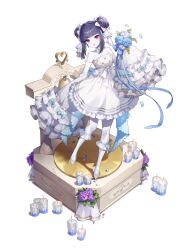 Rule 34 | 1girl, :o, artist request, bare shoulders, bell, blue flower, blue hair, bow, candle, colored skin, detached sleeves, double bun, dress, eversoul, flat chest, flower, frilled dress, frilled sleeves, frills, full body, game cg, hair bun, highres, hime cut, jiangshi, long sleeves, looking at viewer, nini (eversoul), official alternate costume, official alternate hairstyle, purple flower, red eyes, ribbon, short hair, sleeves past fingers, sleeves past wrists, solo, standing, strapless, strapless dress, tachi-e, transparent background, wedding dress, white dress, white flower, white footwear