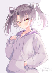 Rule 34 | 1girl, absurdres, alternate costume, artist name, grey hair, grey sweater, hand in pocket, highres, hizaka, hood, hooded sweater, kantai collection, long hair, looking at viewer, one-hour drawing challenge, red eyes, solo, standing, sweater, twintails, twitter username, upper body, zuikaku (kancolle)