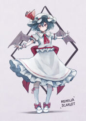 Rule 34 | 1girl, ascot, bat wings, blue hair, bow, character name, closed mouth, commentary, english text, footwear bow, frilled skirt, frills, full body, grey background, hat, hat ribbon, highres, looking at viewer, mob cap, red ascot, red bow, red eyes, red ribbon, remilia scarlet, ribbon, satyuas, shirt, short hair, short sleeves, simple background, skirt, solo, standing, touhou, white hat, white shirt, white skirt, wings, wrist cuffs