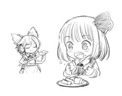 Rule 34 | &gt;:), 2girls, :d, apron, blush, closed eyes, closed mouth, collared shirt, cropped torso, dress, earmuffs, eating, fang, food, frilled apron, frills, greyscale, hair ears, hair ribbon, holding, holding food, long sleeves, monochrome, multiple girls, naegi (naegidokoro), open mouth, plate, ribbon, rumia, shirt, simple background, sleeveless, sleeveless dress, smile, spatula, teeth, touhou, toyosatomimi no miko, upper body, upper teeth only, v-shaped eyebrows, white background