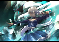 Rule 34 | 1girl, artist name, blue dress, blue eyes, closed mouth, dress, earrings, from side, holding, holding sword, holding weapon, isshiki (ffmania7), jewelry, letterboxed, long hair, profile, rwby, side ponytail, signature, silver hair, solo, sword, tsurime, twitter username, very long hair, weapon, weiss schnee