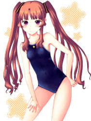Rule 34 | 10s, 1girl, ano natsu de matteru, bare shoulders, blush, brown eyes, brown hair, competition school swimsuit, covered navel, flat chest, hand on own hip, hand on own thigh, hand on thigh, leaning forward, long hair, looking at viewer, neuron (exceed), one-piece swimsuit, school swimsuit, solo, swimsuit, twintails, yamano remon