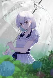 Rule 34 | 1girl, black bow, blue flower, blue nails, blurry, blurry foreground, blush, bow, bush, closed mouth, collarbone, day, depth of field, dress, earrings, flower, flower earrings, frilled dress, frills, highres, holding, holding umbrella, hydrangea, jewelry, kuwahara taiki, looking at viewer, nail polish, original, outdoors, purple eyes, rain, short hair, short sleeves, silver hair, solo, transparent, transparent background, transparent umbrella, umbrella, water, white dress