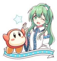 Rule 34 | 1girl, bare shoulders, blush, blush stickers, brown eyes, crossover, detached sleeves, frog hair ornament, green eyes, green hair, hair ornament, hair tubes, igayan, kirby (series), kochiya sanae, long hair, nintendo, one eye closed, open mouth, snake hair ornament, star (symbol), touhou, waddle dee, white background
